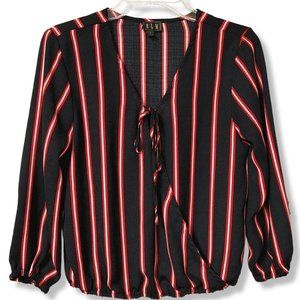 OLM Size Small Wrap Shirt 3/4 Sleeves Elastic Waist Black Red Striped V-Neck